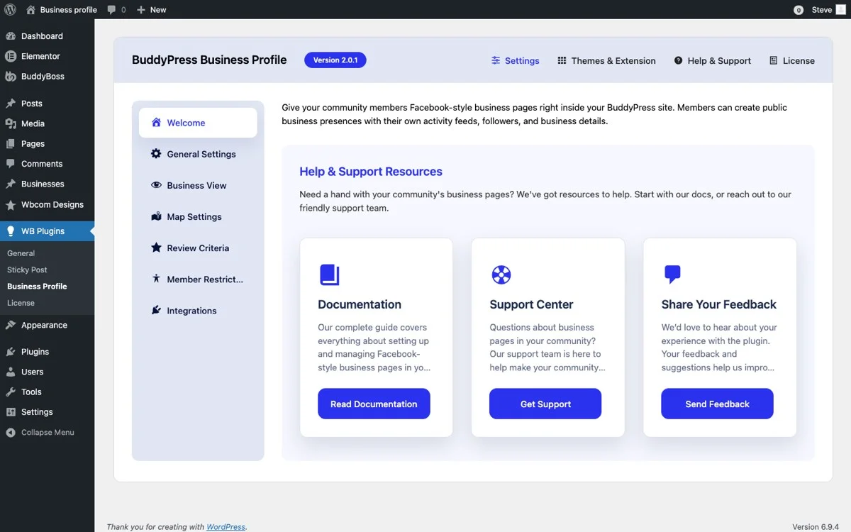 BuddyPress Business Profile settings panel configured for a coworking space and local business directory