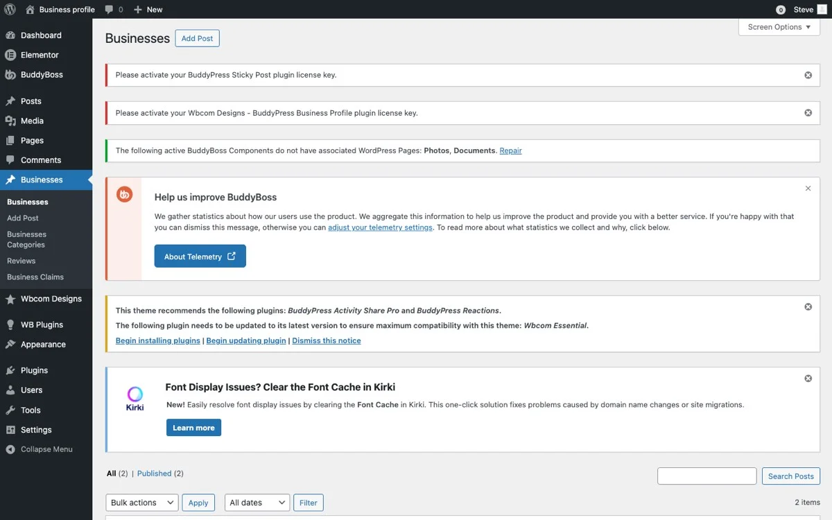 WordPress admin panel showing the business listings management interface with list of registered businesses