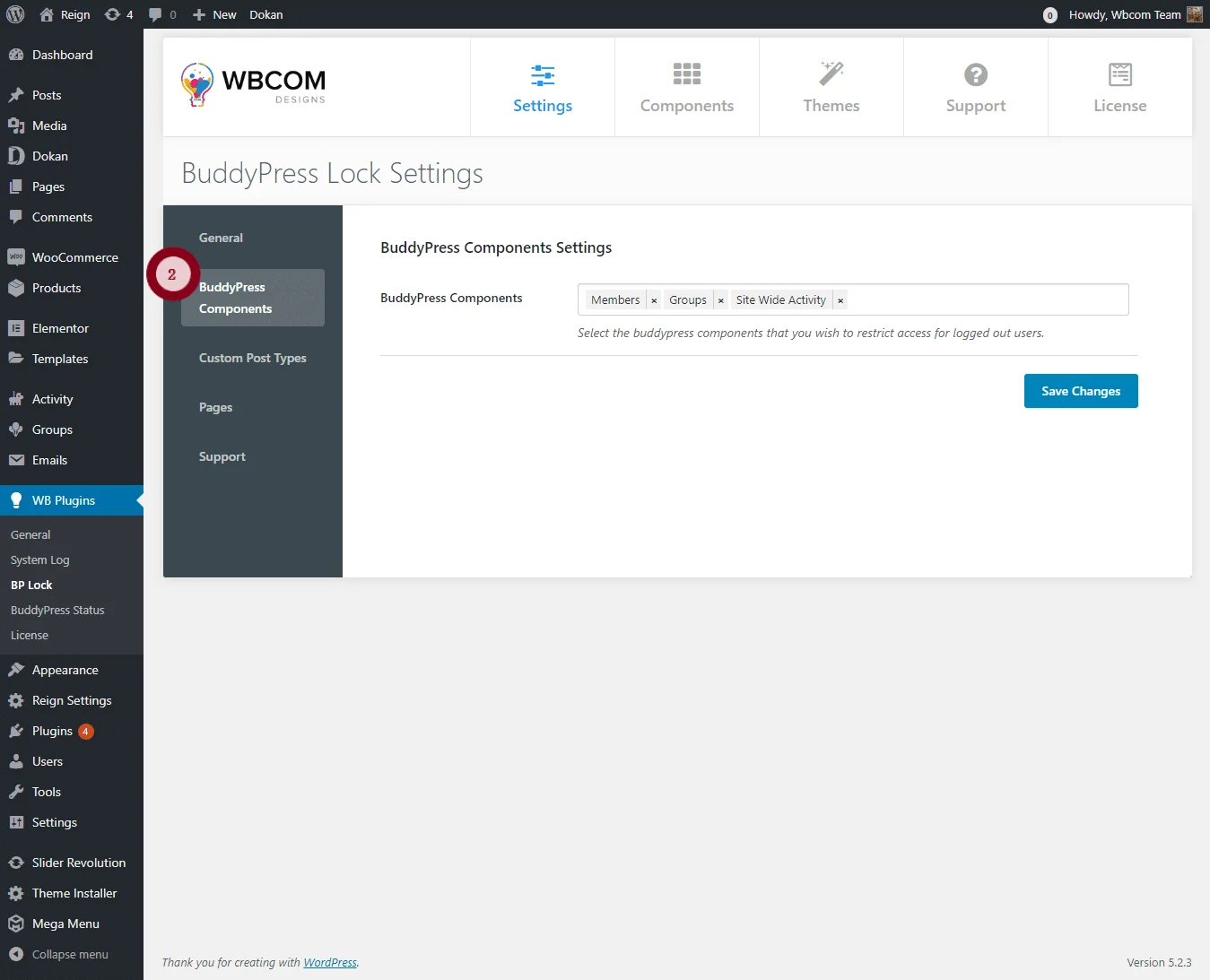 BuddyPress Lock component settings