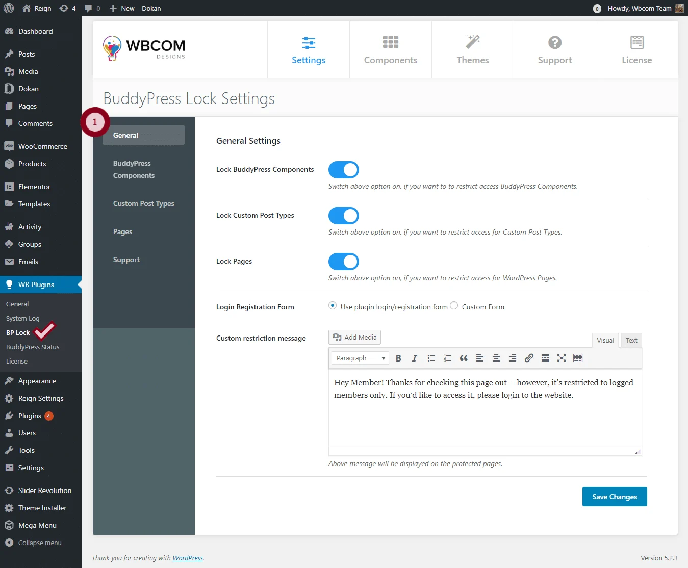BuddyPress Lock general settings