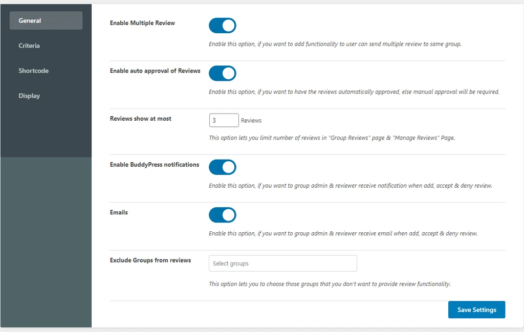 General Settings BuddyPress Group Reviews