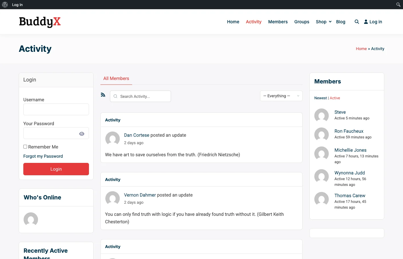 BuddyPress activity stream showing member posts and updates with login sidebar and members widget