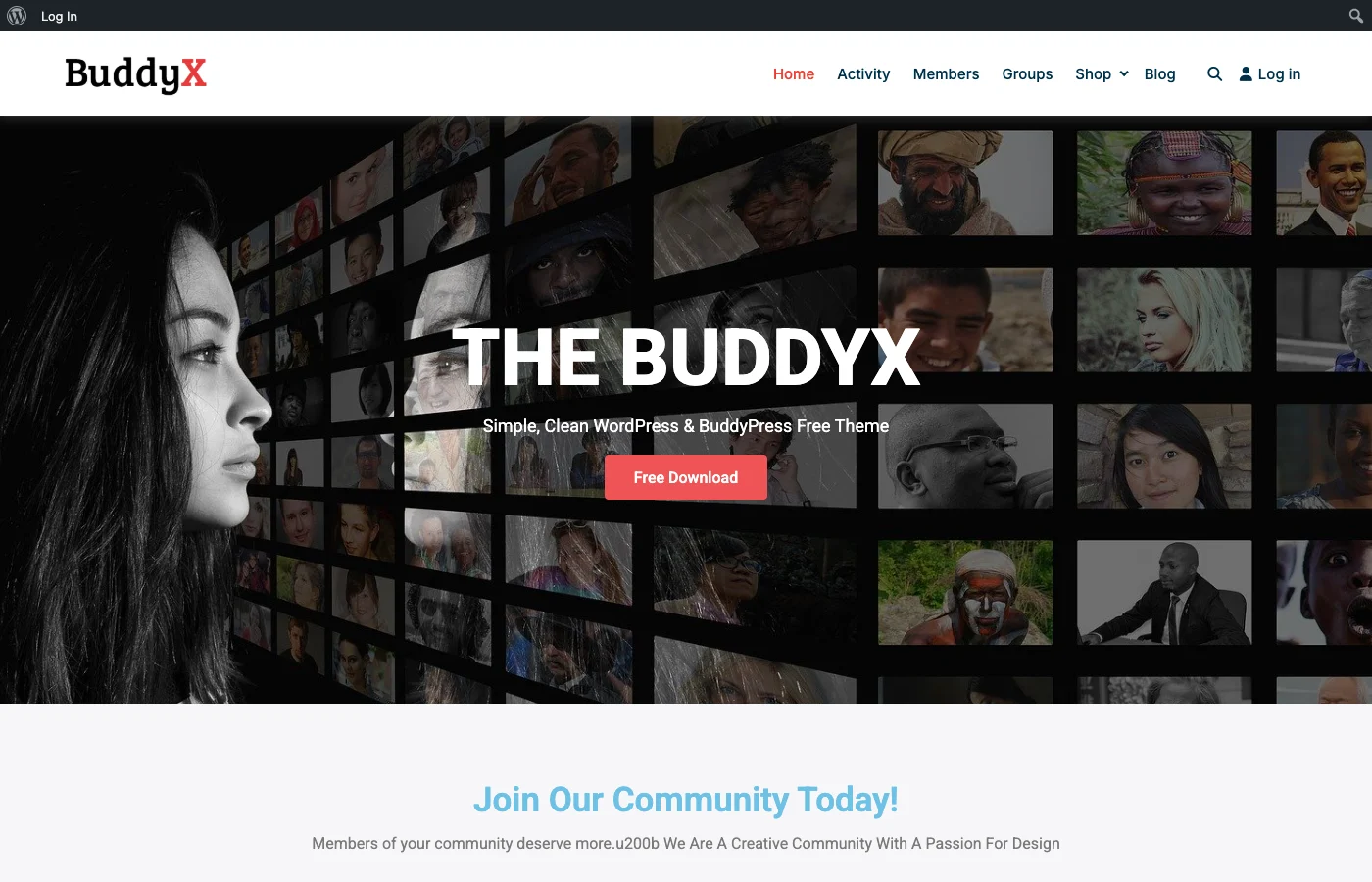 BuddyX theme homepage with BuddyPress featuring hero section and community navigation menu