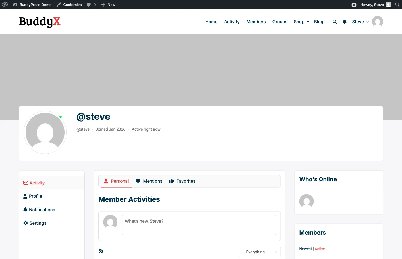 BuddyPress user profile page showing member activity feed, profile navigation, and Who
