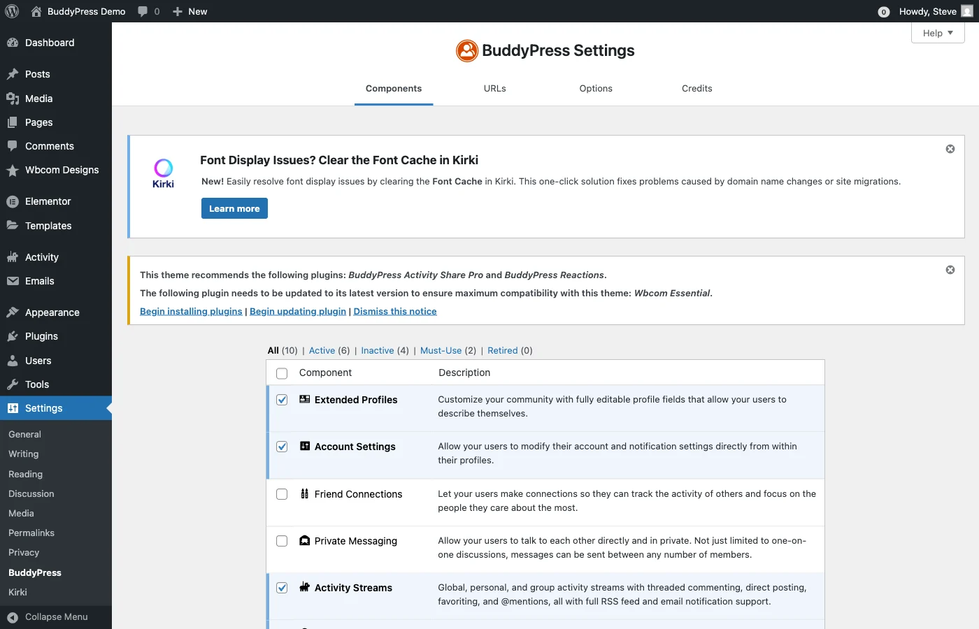 BuddyPress components settings page in WordPress admin showing Extended Profiles, Account Settings, and Activity Streams options