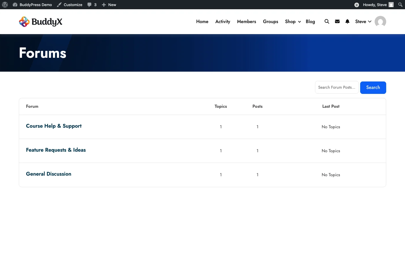 bbPress forums directory showing Course Help & Support, Feature Requests & Ideas, and General Discussion forums with BuddyX theme styling