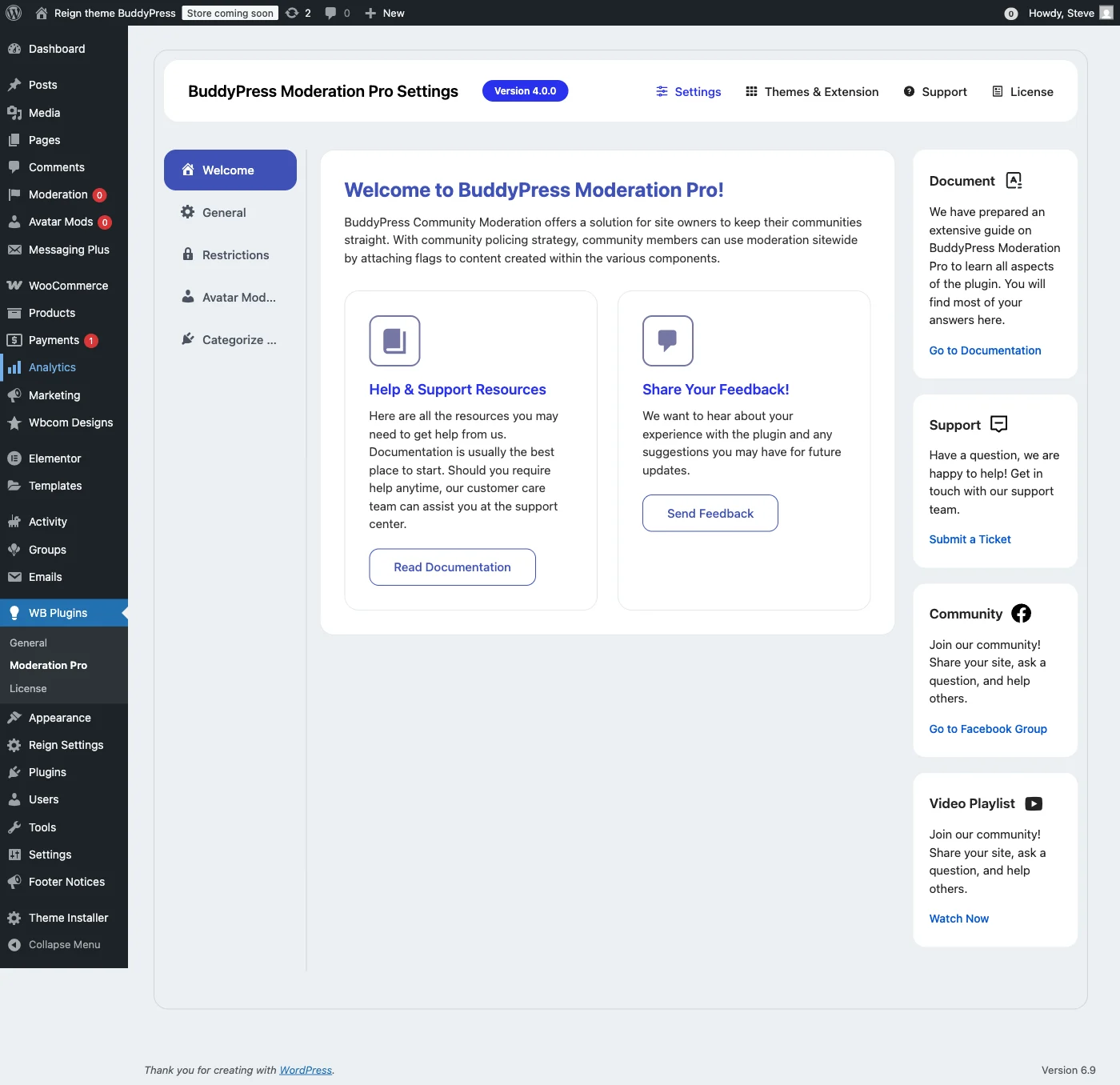 BuddyPress Moderation Pro plugin welcome dashboard showing settings tabs and documentation links