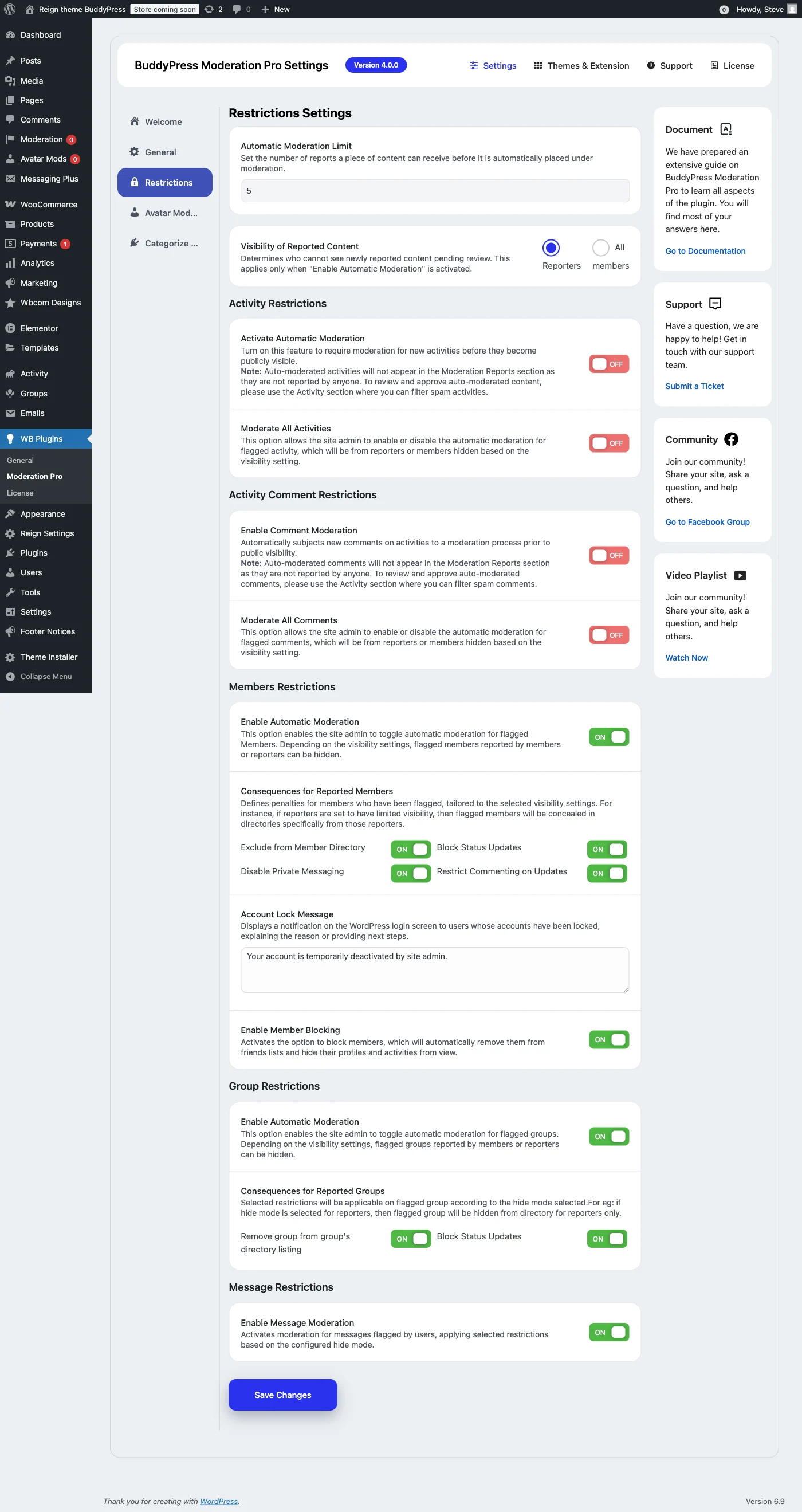 BuddyPress Moderation Pro restrictions settings for activities members and groups