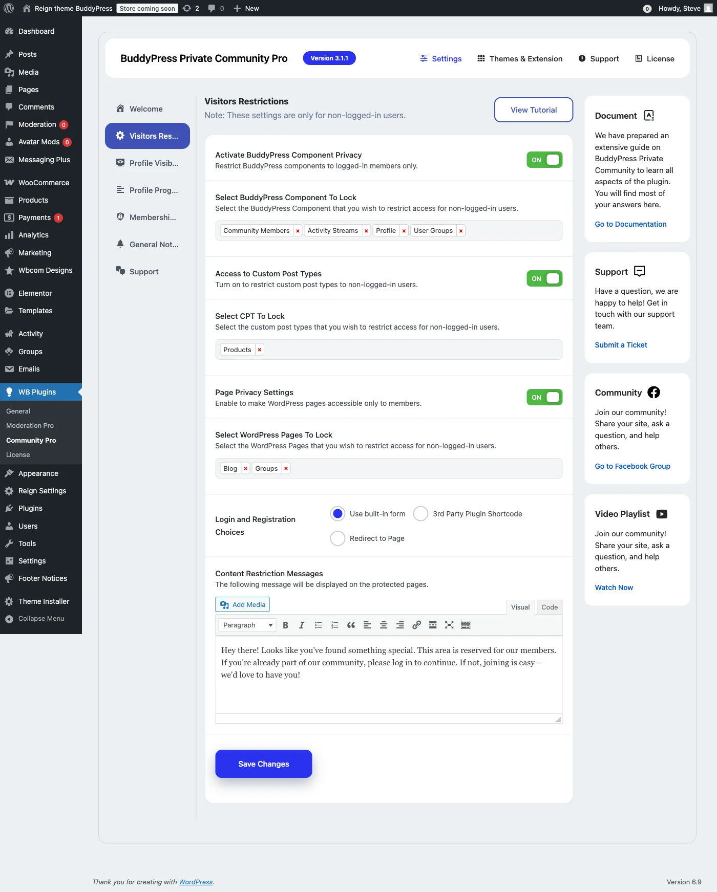 BuddyPress Private Community Pro visitors restrictions settings for locking components pages and CPTs