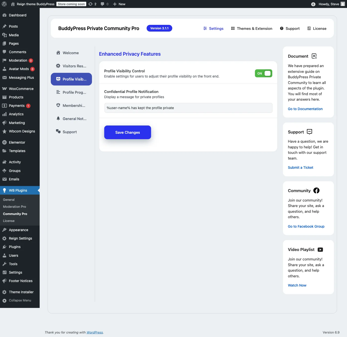 BuddyPress Private Community Pro profile visibility settings