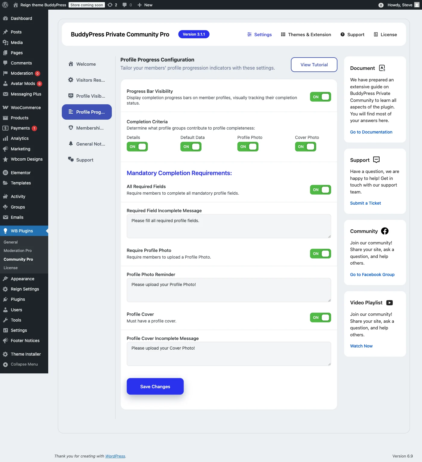 BuddyPress Private Community Pro profile progress tracking settings