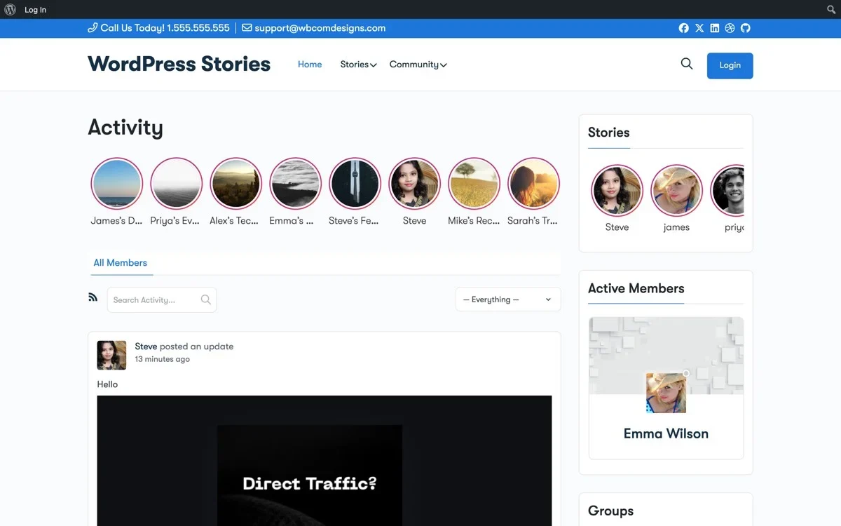 BuddyPress activity feed with WP Stories bar showing member story avatars above the activity stream