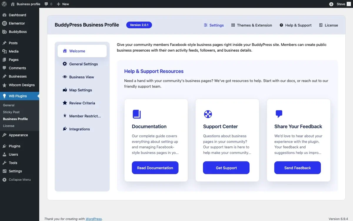 BuddyPress Business Profile plugin settings page showing configuration options for business profiles, categories, and member restrictions