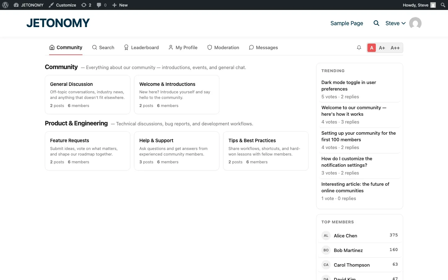 Jetonomy forum logged-in view with navigation tabs for Community, Search, Leaderboard, My Profile, Moderation, and Messages
