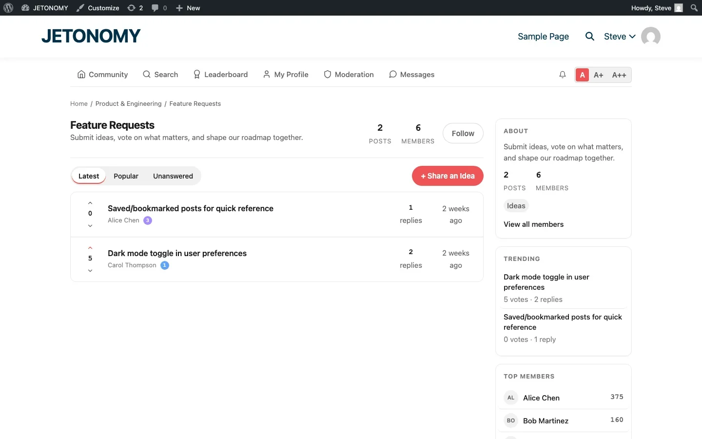 Jetonomy ideas board showing feature requests space where members submit and vote on ideas