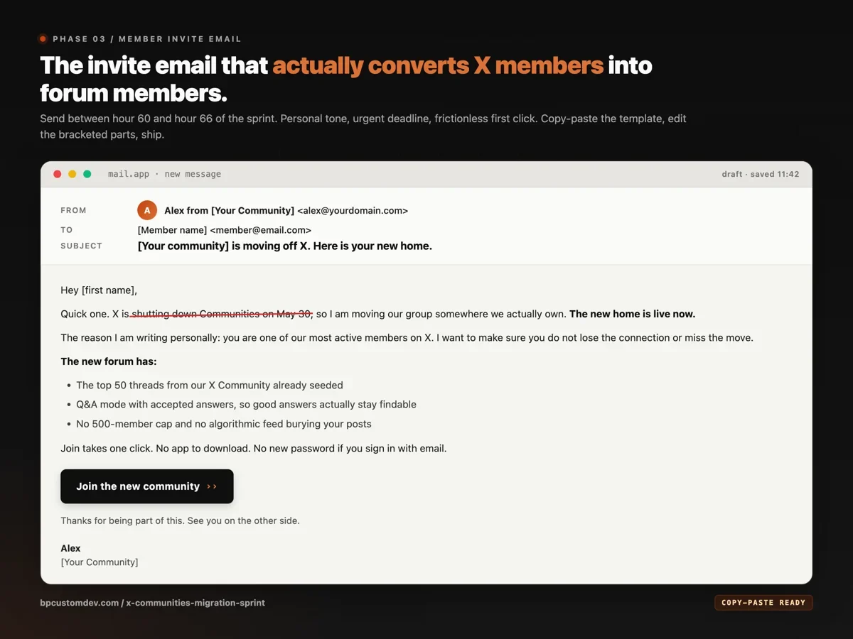 A copy-paste-ready member invite email template with personal salutation, brief explanation of the X Communities shutdown, a