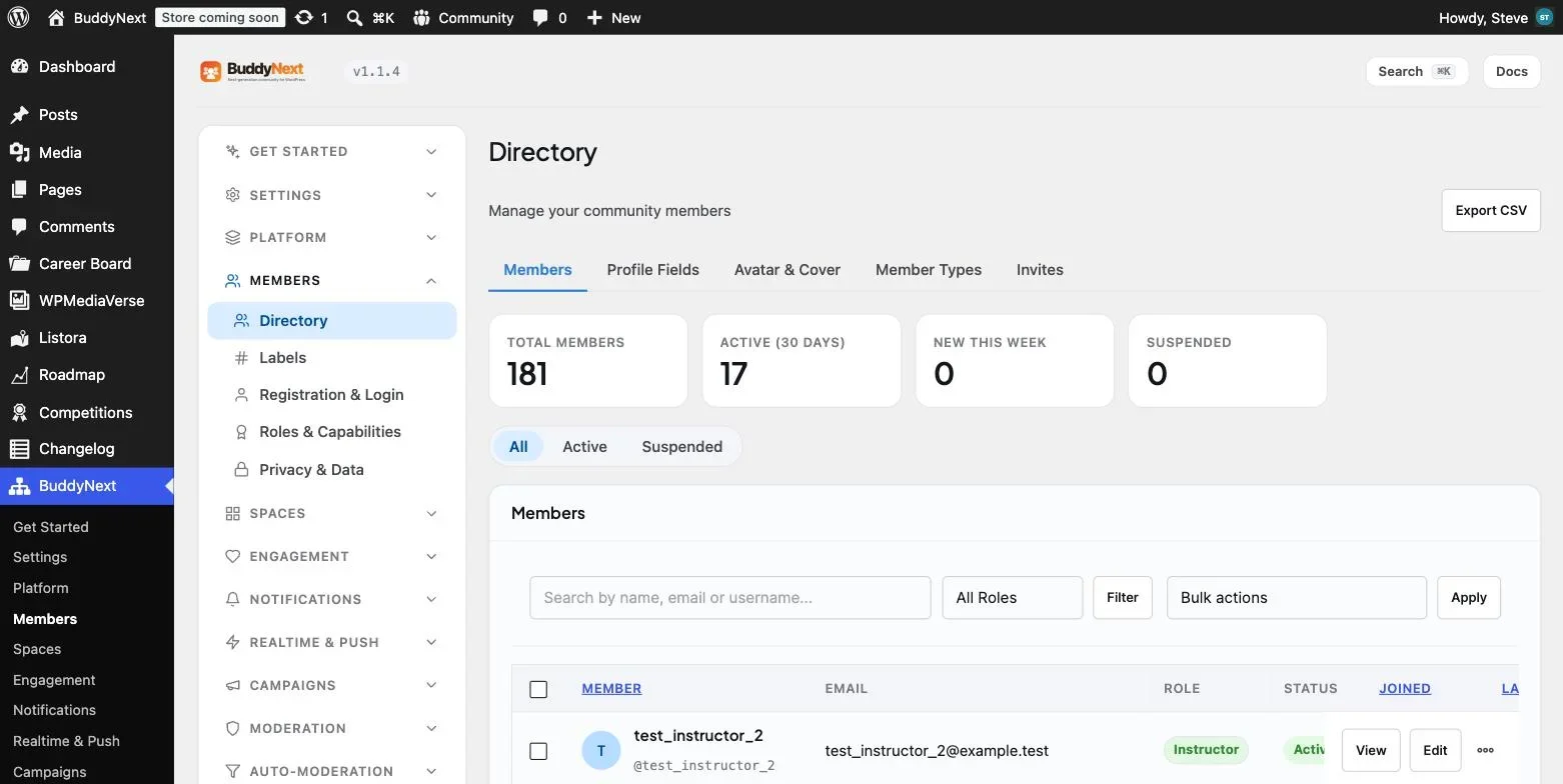 BuddyNext members admin showing 181 total members, 17 active in 30 days, and tabs for profile fields, avatar and cover, member types and invites
