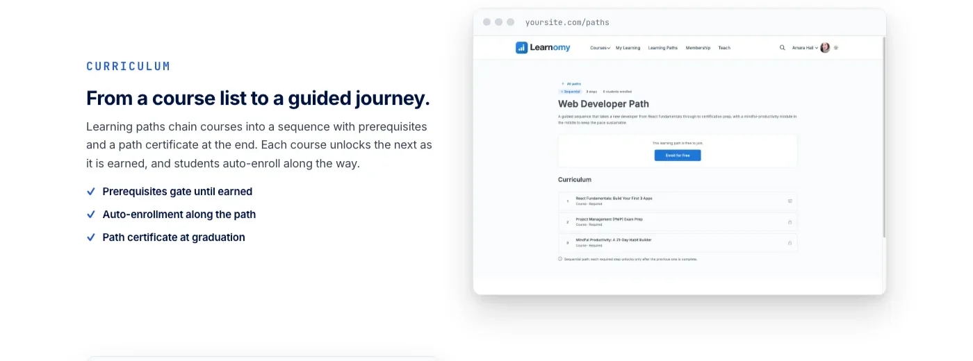 Learnomy learning path sequencing multiple courses with assignments into a required curriculum with prerequisites