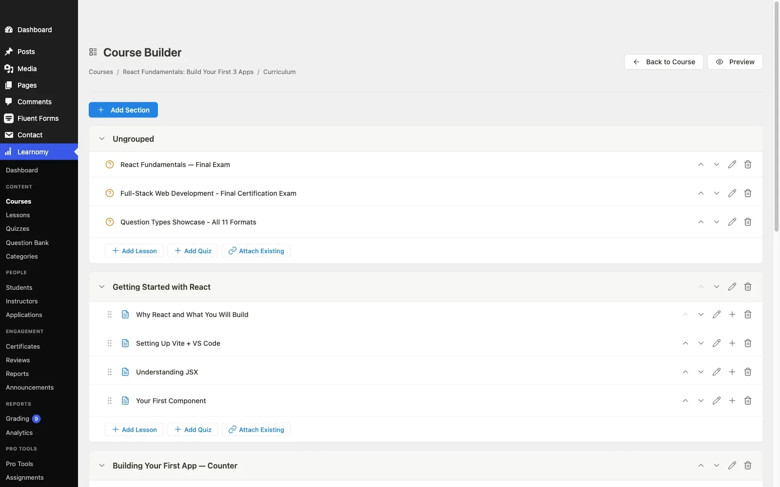Learnomy course builder interface showing sections, lessons, topics, and quizzes