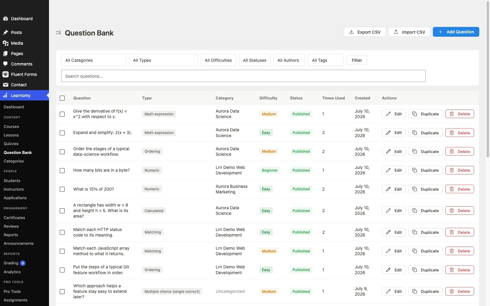 Learnomy question bank showing all supported question types