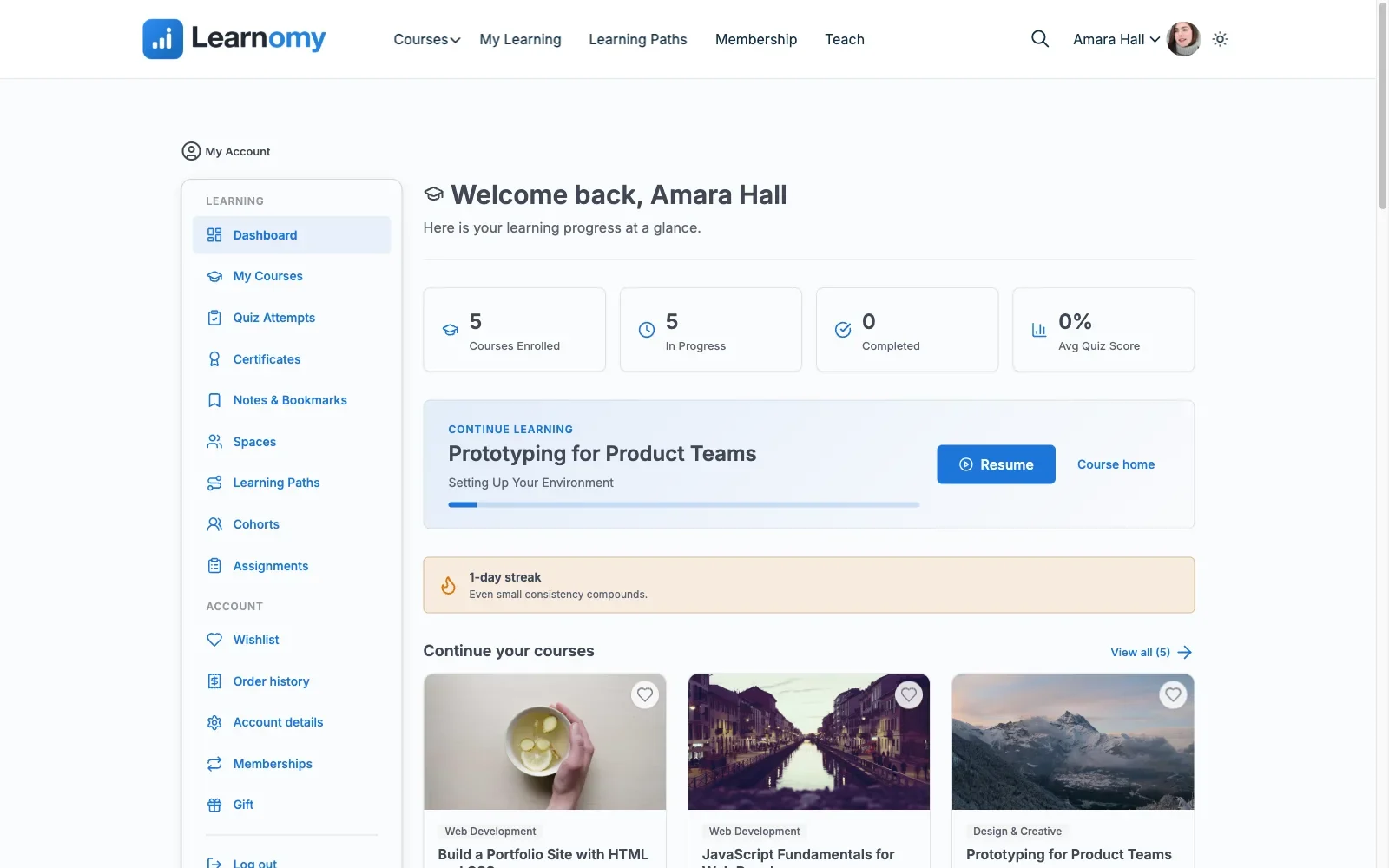 Learnomy student dashboard showing notes, bookmarks, certificates, and billing