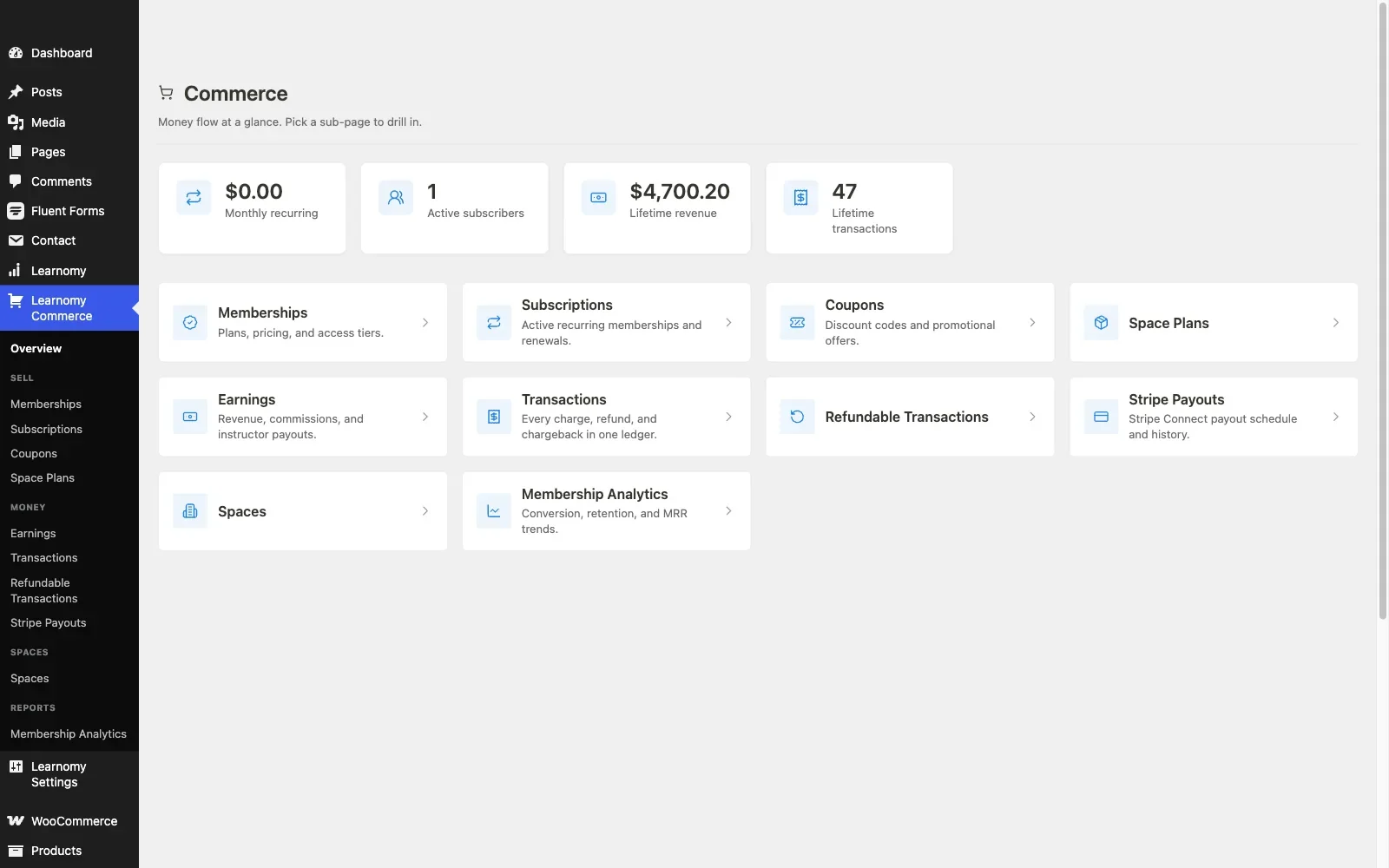 Learnomy commerce overview showing payments, coupons, and revenue