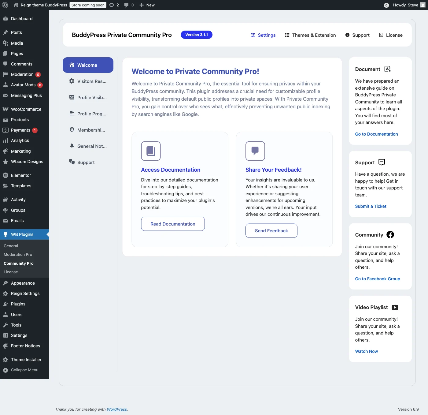 BuddyPress Private Community Pro welcome dashboard showing all feature tabs