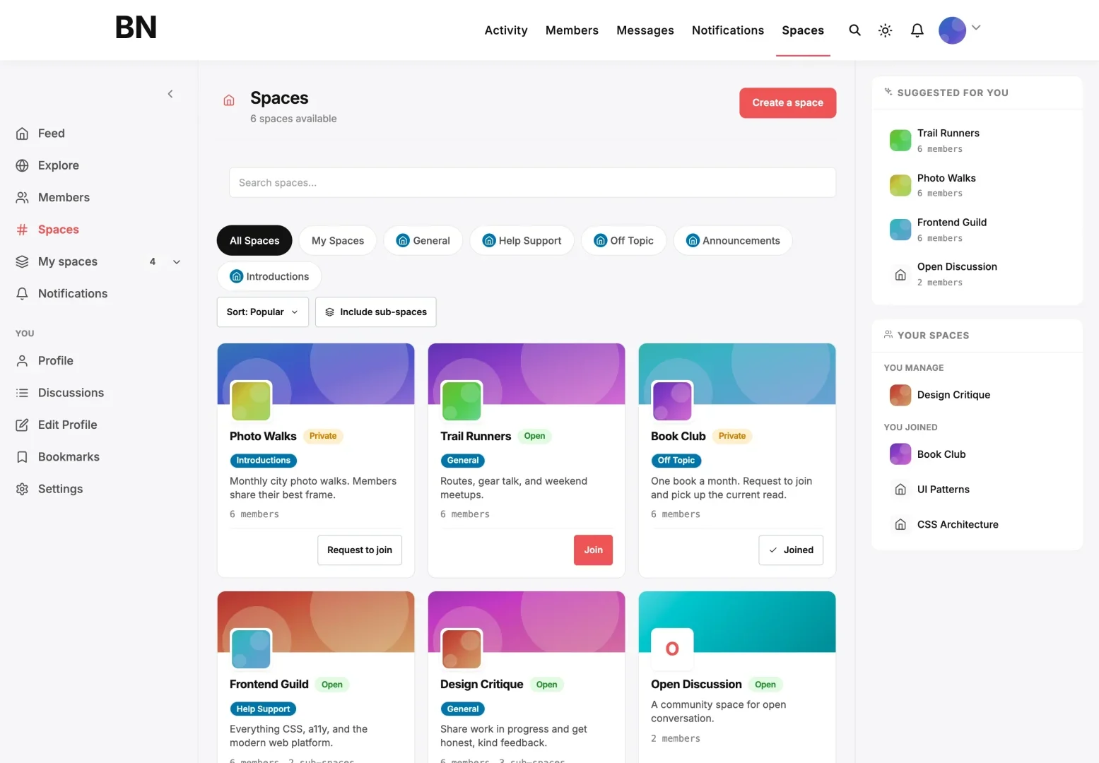 Spaces directory showing six sub-communities with Open and Private badges, category filters, member counts, and Join, Request to join and Joined buttons