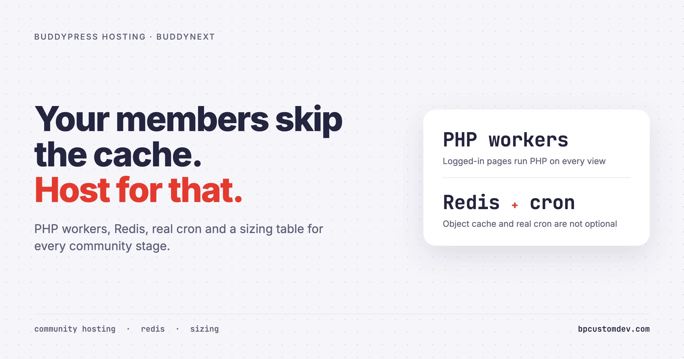 BuddyPress hosting guide: members skip the page cache, so plan PHP workers, Redis object cache and real cron