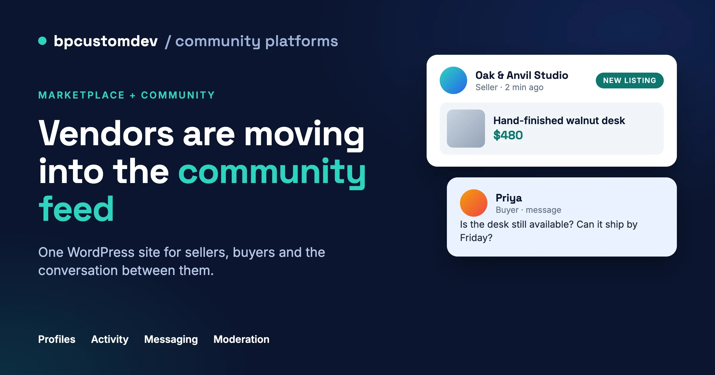 Community marketplace WordPress site: a seller's new listing appears as a card in the community feed and a buyer messages the seller directly