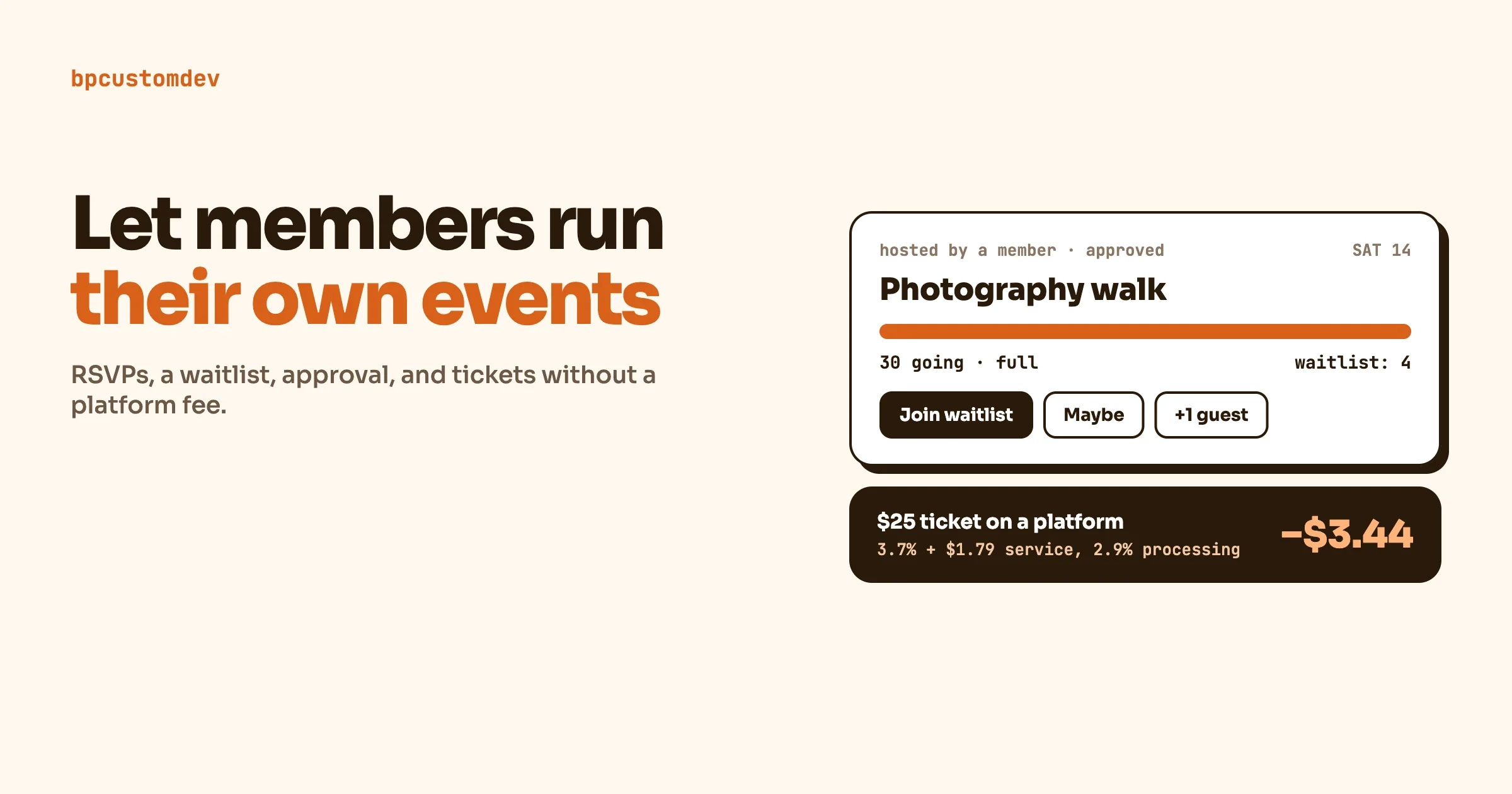 A member-hosted event card that is full with a waitlist of four, above a ticket showing about 3.44 dollars in platform fees on a 25 dollar ticket