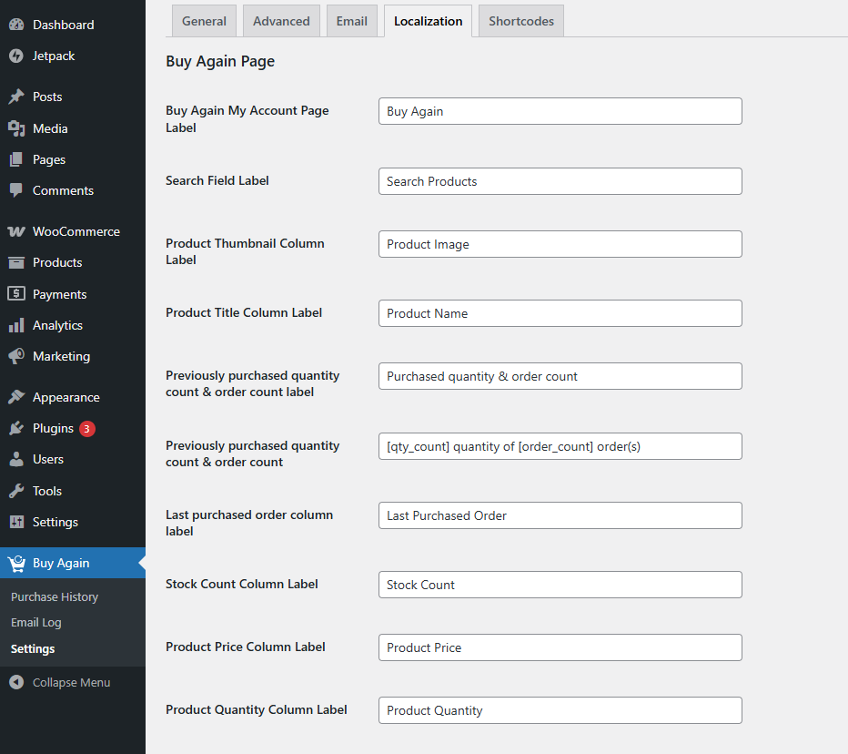 Localisation- Buy Again for WooCommerce