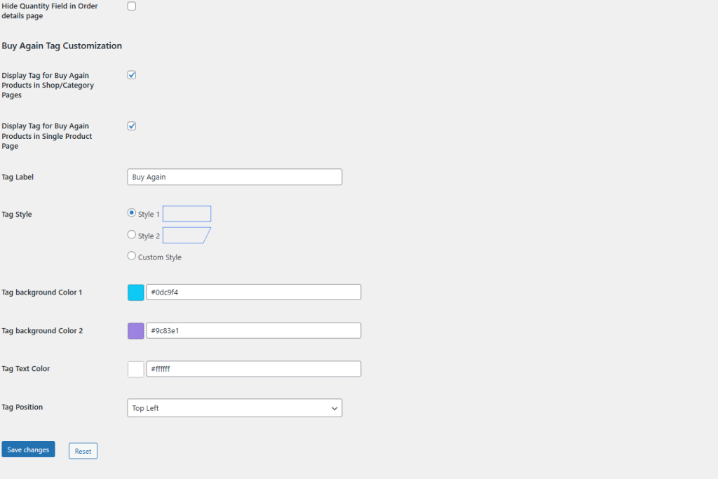 Display Settings- Buy Again for WooCommerce