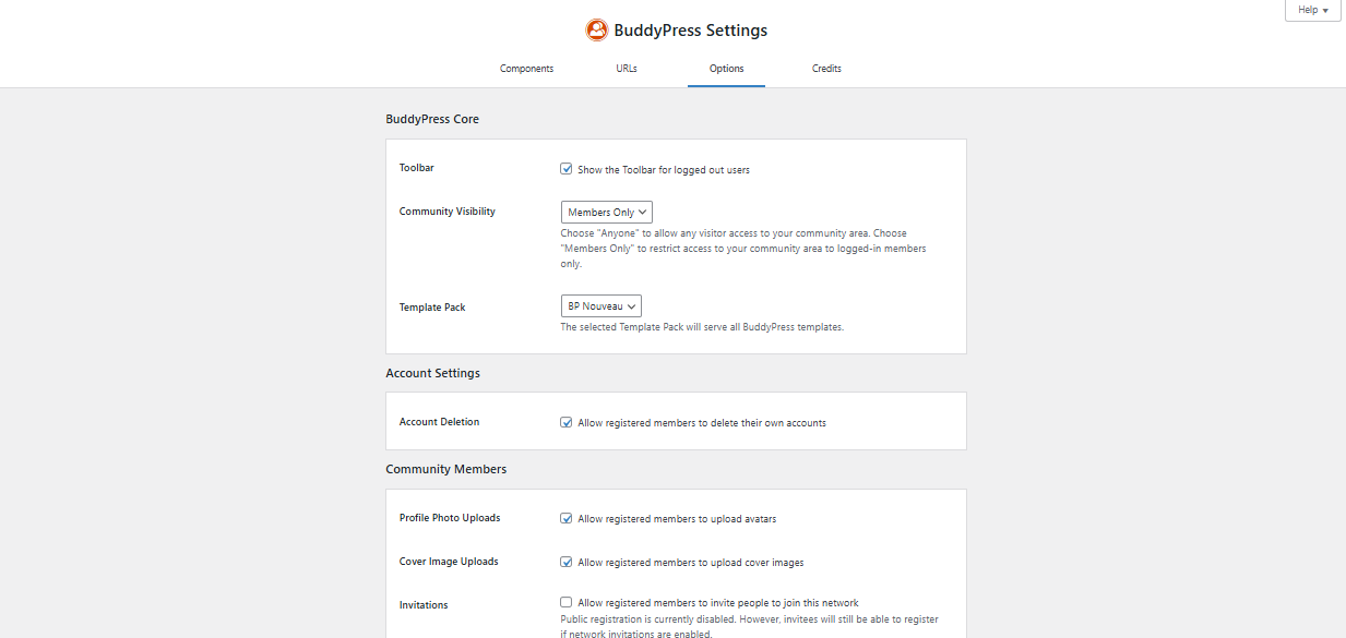 Adjust the BuddyPress Options Tab