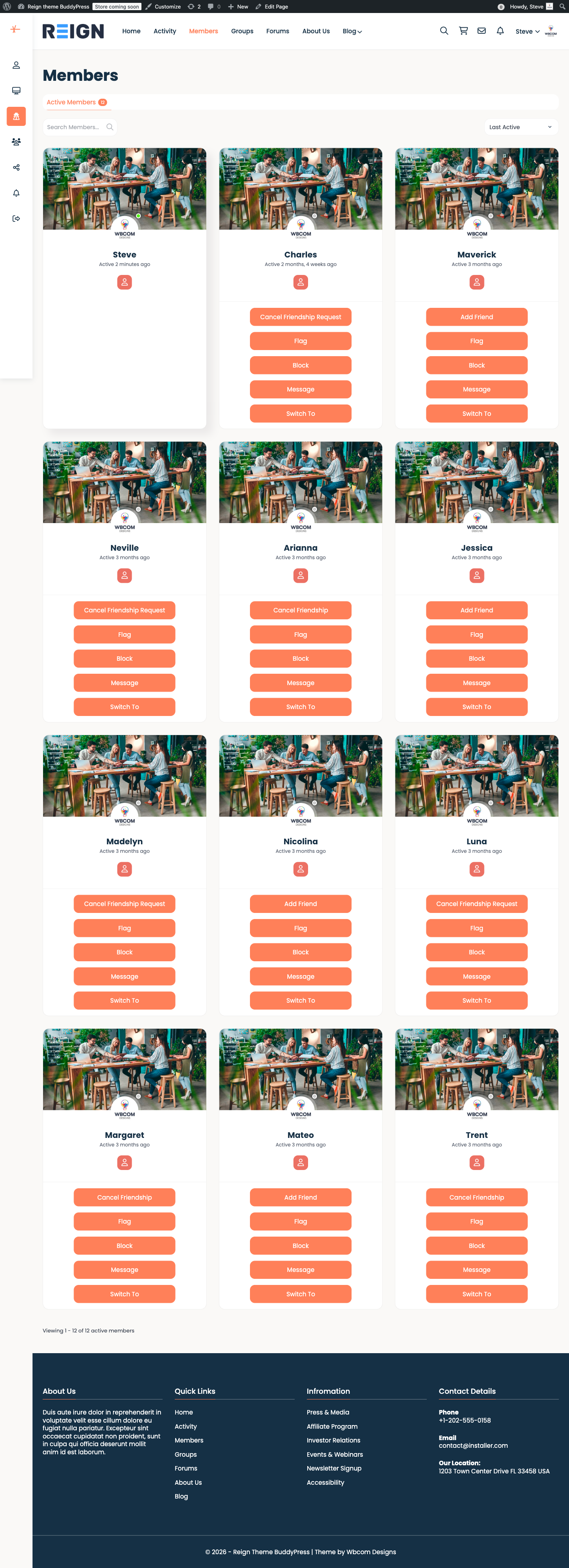 BuddyPress members directory with Flag and Block buttons for each member