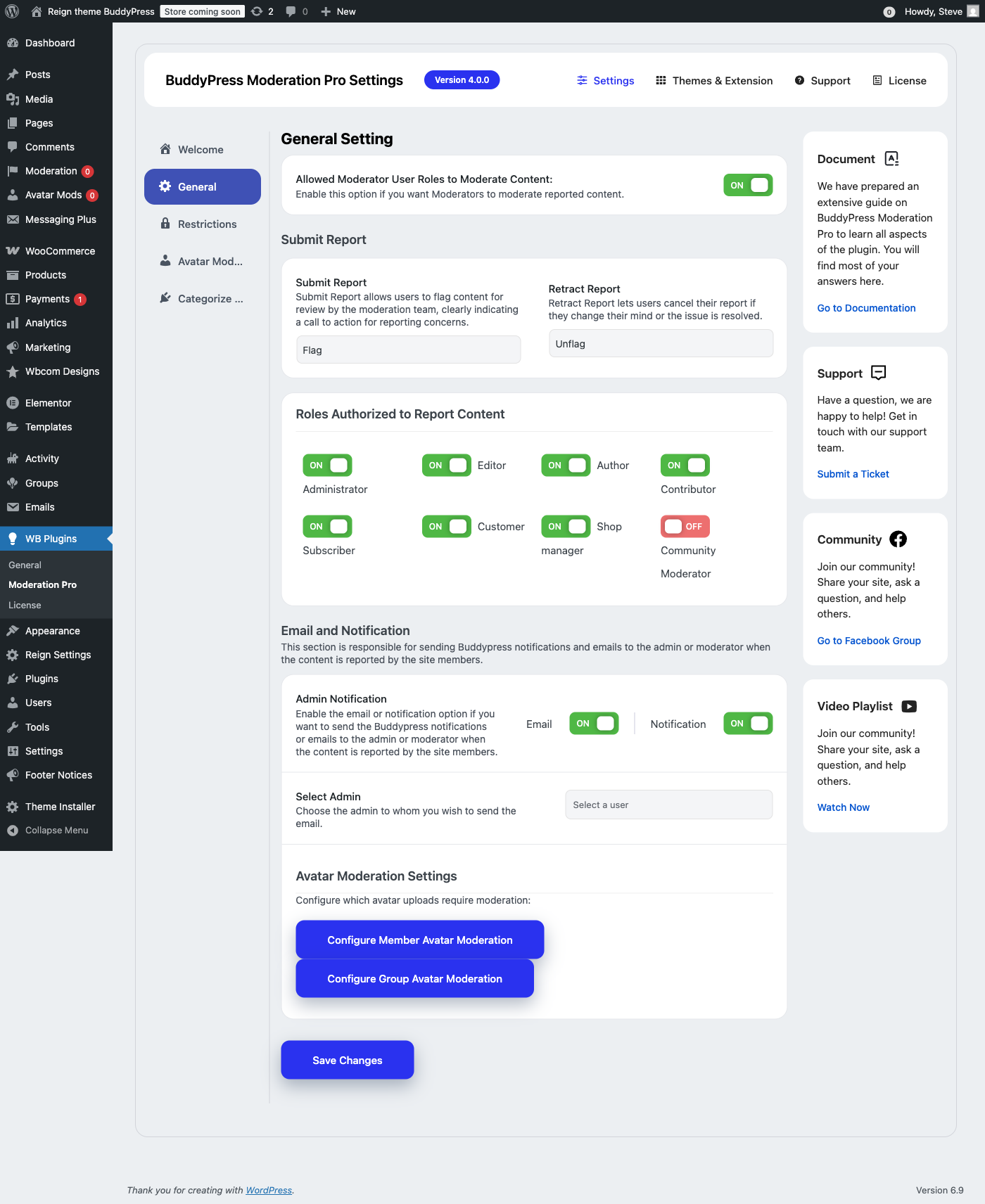 BuddyPress Moderation Pro general settings showing role permissions and notification options