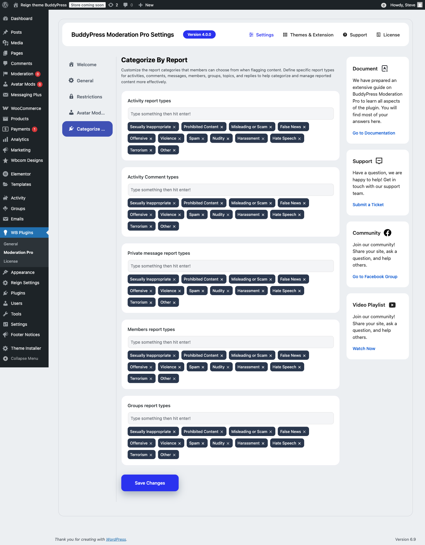 BuddyPress Moderation Pro categorize by report settings showing customizable report types