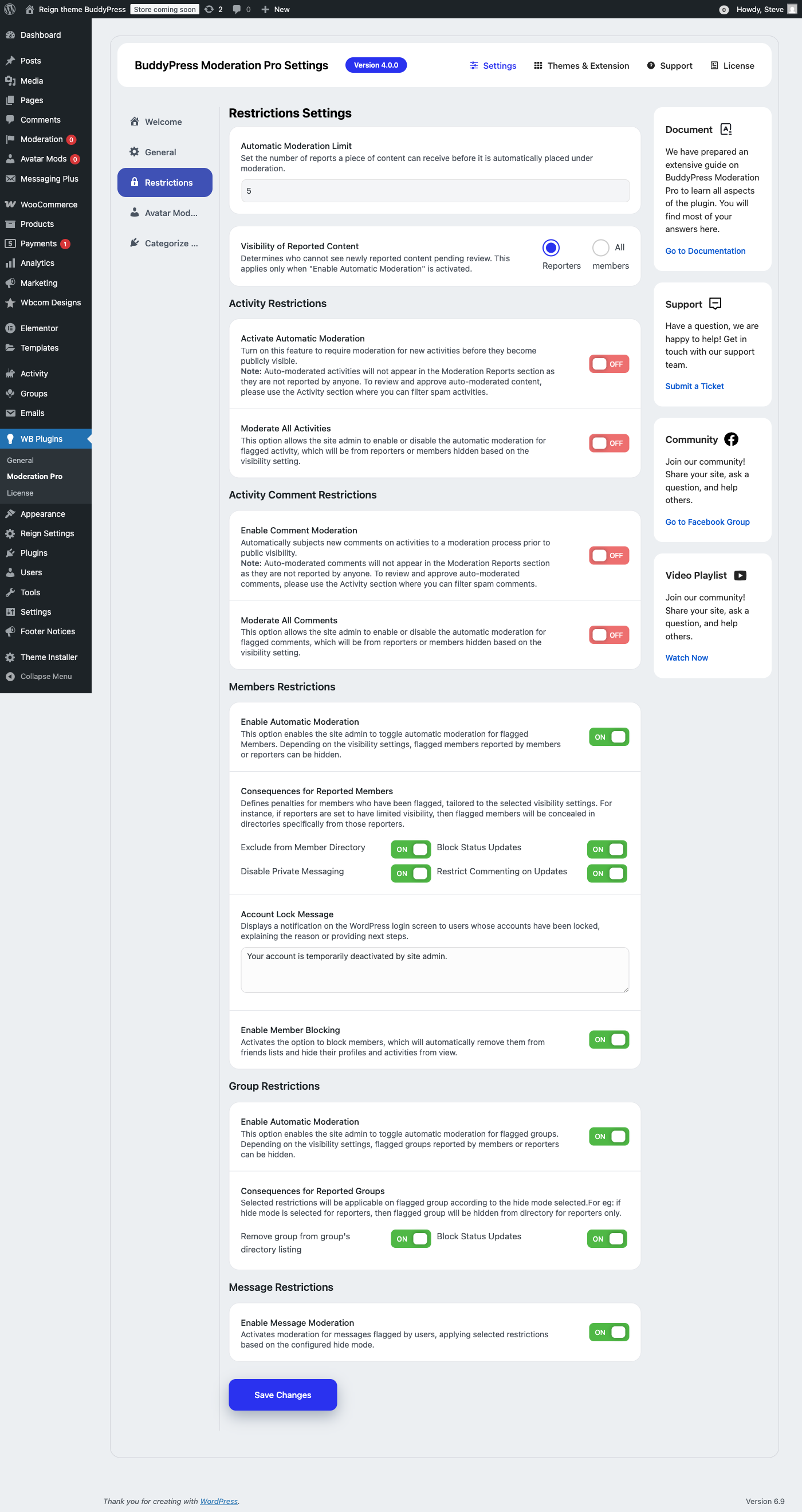 BuddyPress Moderation Pro restrictions settings for activities members and groups
