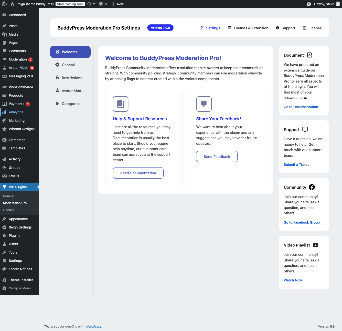 BuddyPress Moderation Pro plugin welcome dashboard showing settings tabs and documentation links