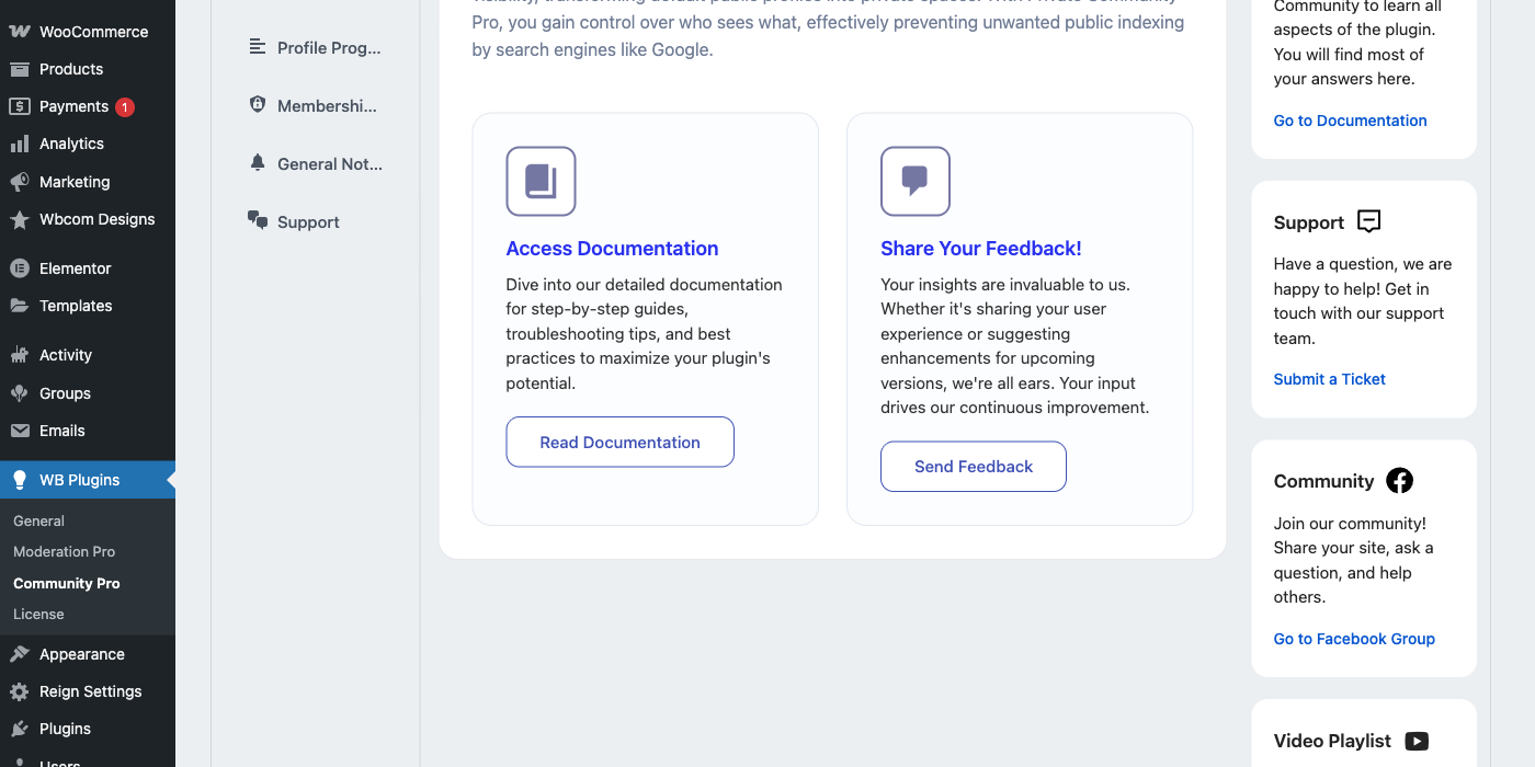 BuddyPress Private Community Pro plugin dashboard showing privacy and restriction settings tabs