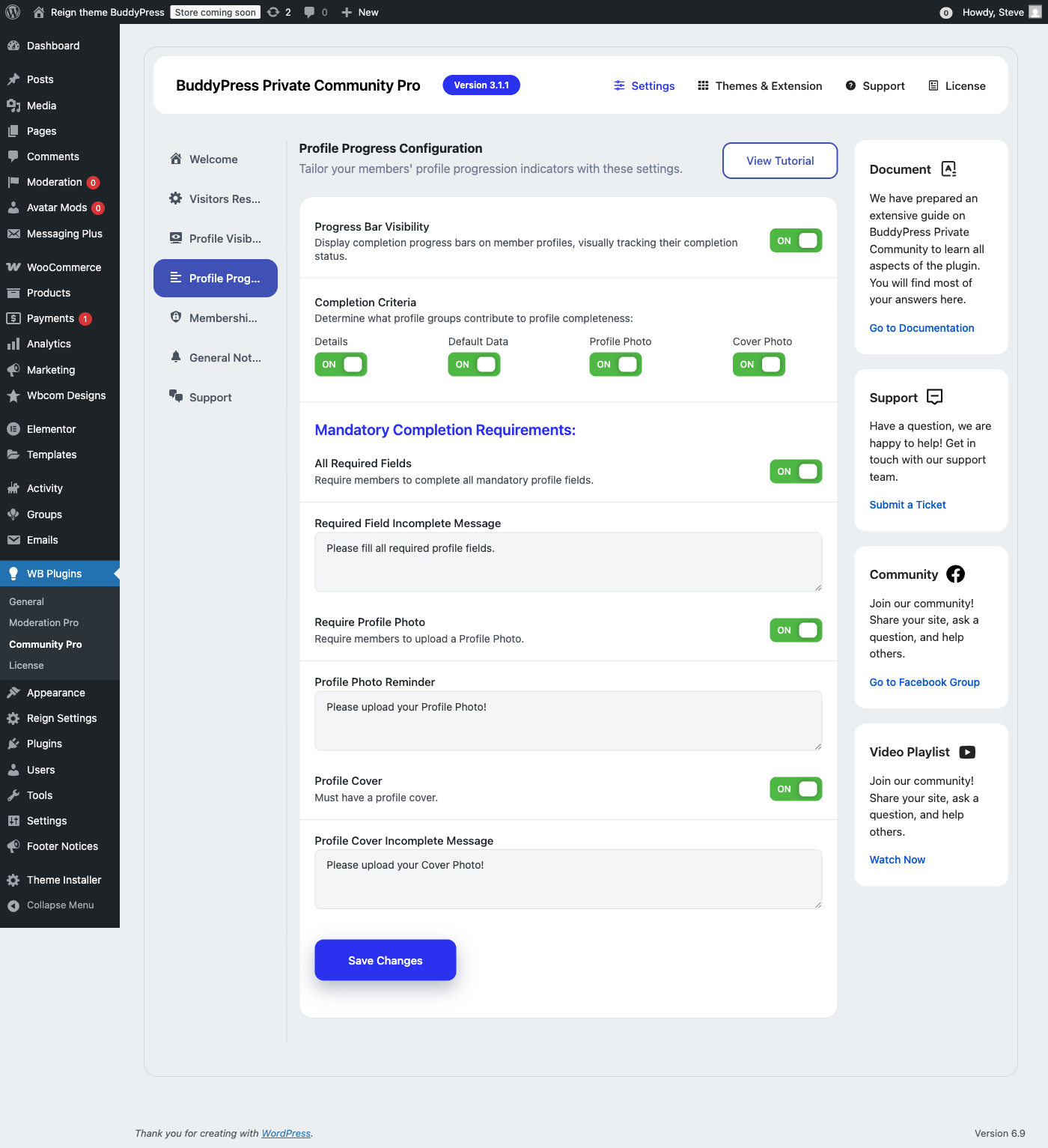 BuddyPress Private Community Pro profile progress tracking settings