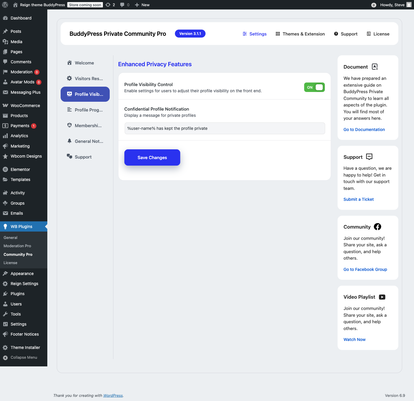 BuddyPress Private Community Pro profile visibility settings