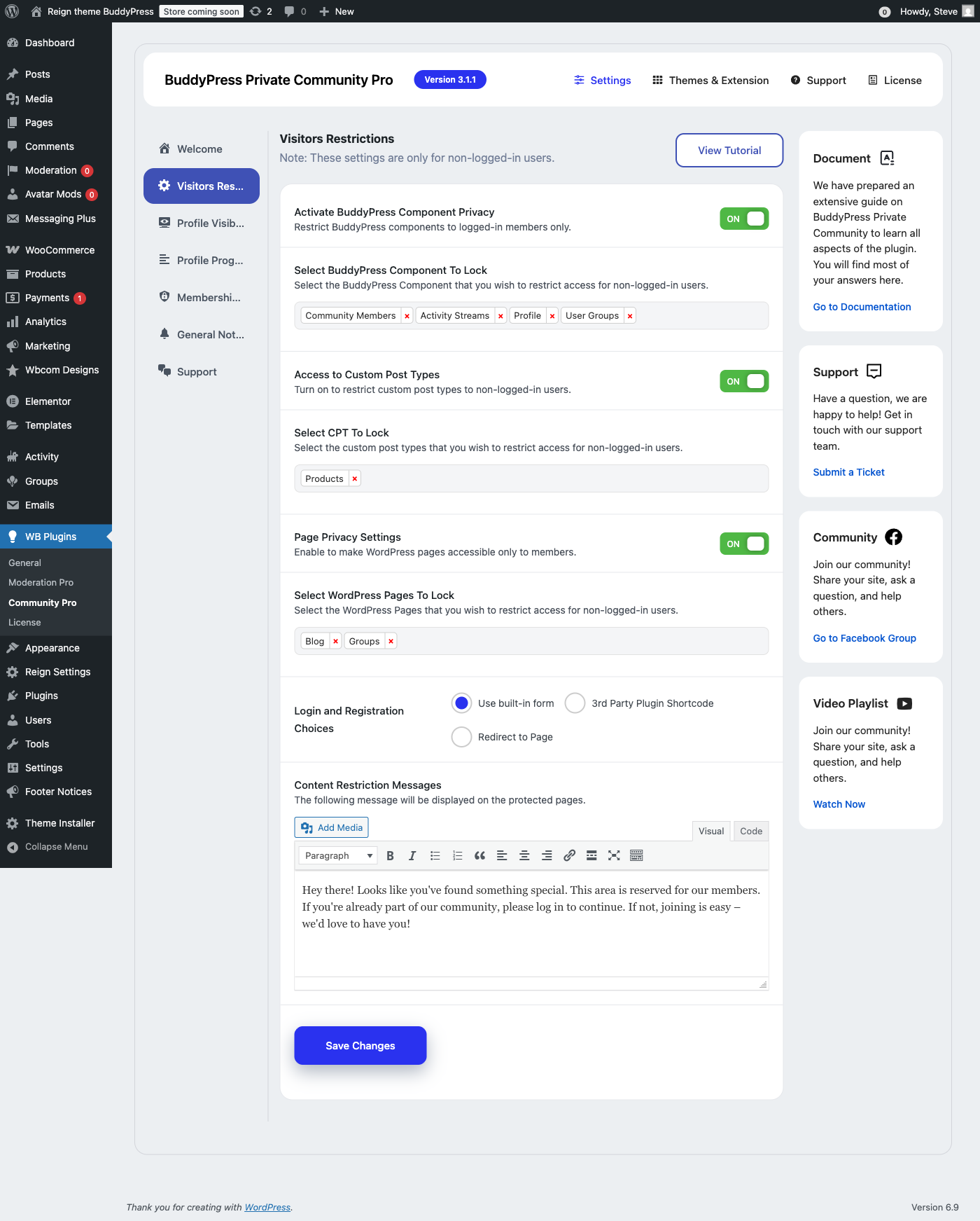 BuddyPress Private Community Pro visitors restrictions settings for locking components pages and CPTs
