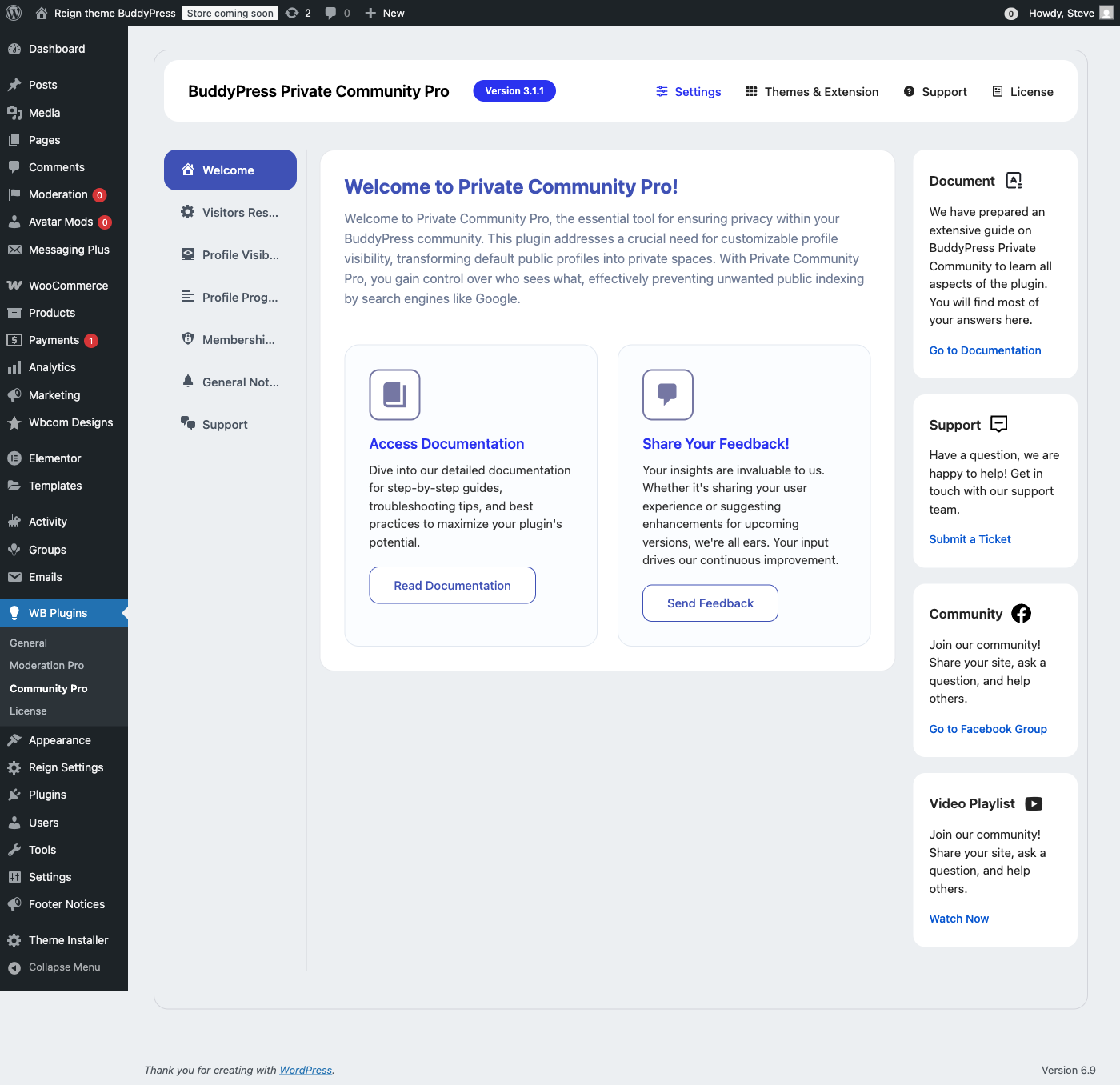 BuddyPress Private Community Pro welcome dashboard showing all feature tabs