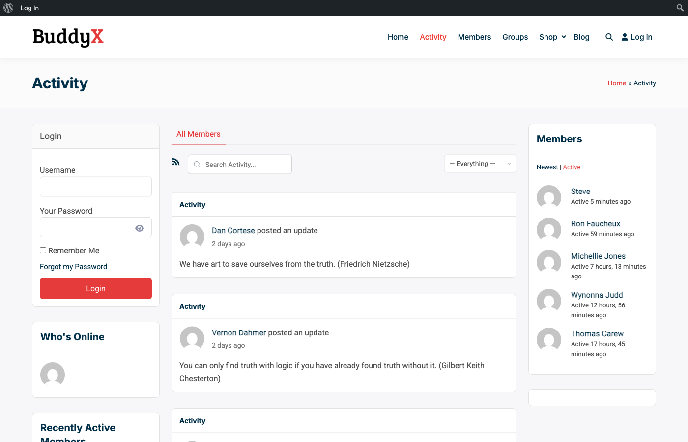 BuddyPress activity stream showing member posts and updates with login sidebar and members widget