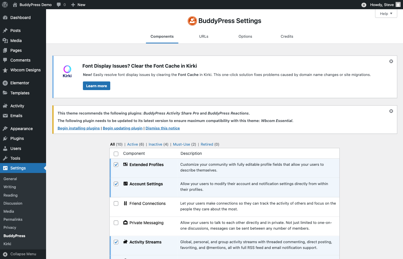 BuddyPress components settings page in WordPress admin showing Extended Profiles, Account Settings, and Activity Streams options