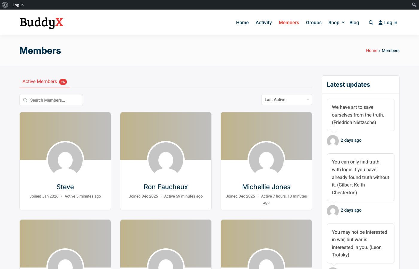BuddyPress members directory showing active community members in grid layout with avatars and join dates