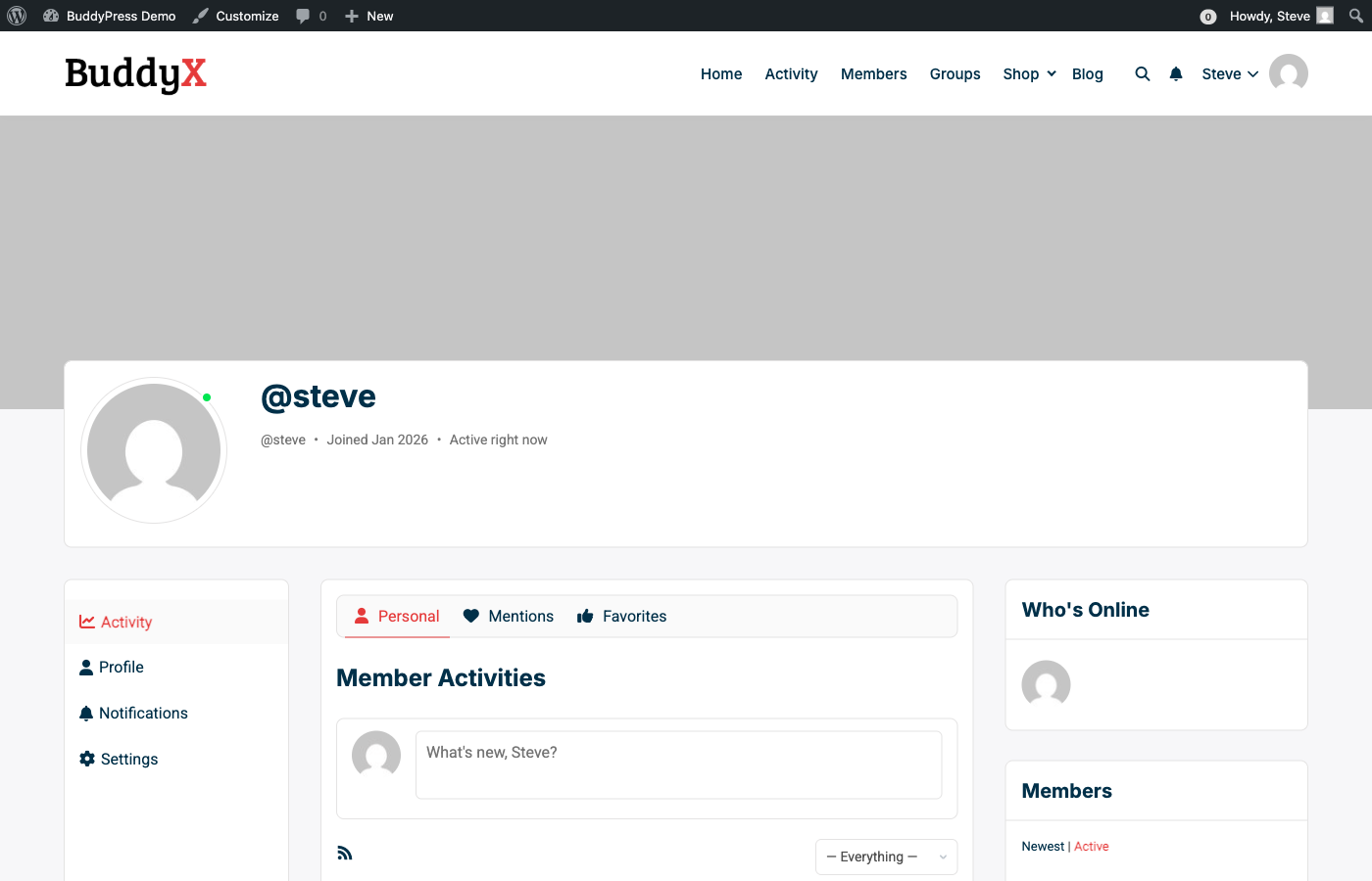 BuddyPress user profile page showing member activity feed, profile navigation, and Who's Online widget