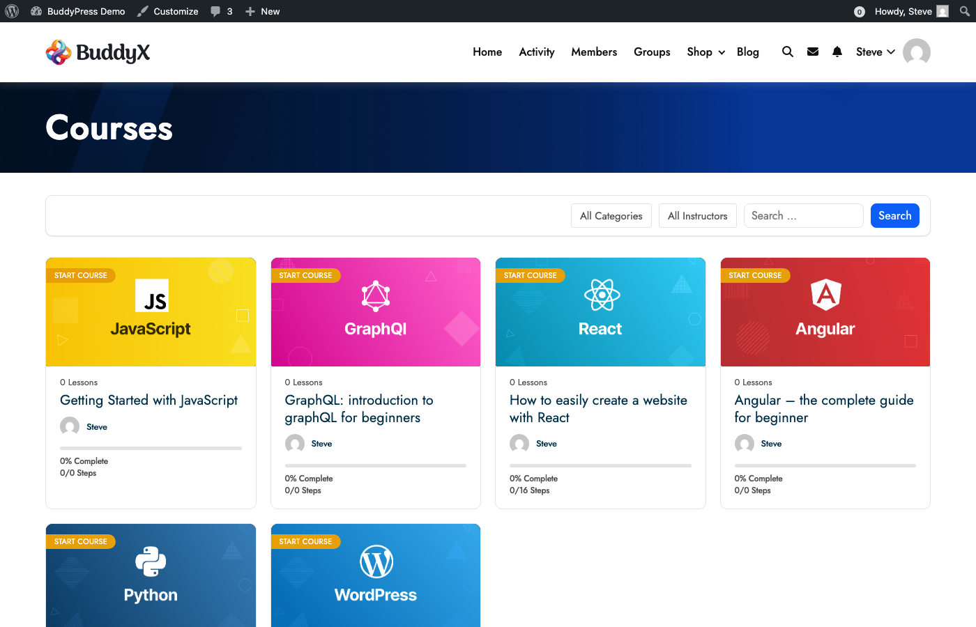 LearnDash courses page showing JavaScript, GraphQL, React, Angular, Python, and WordPress courses with progress tracking and BuddyX theme integration