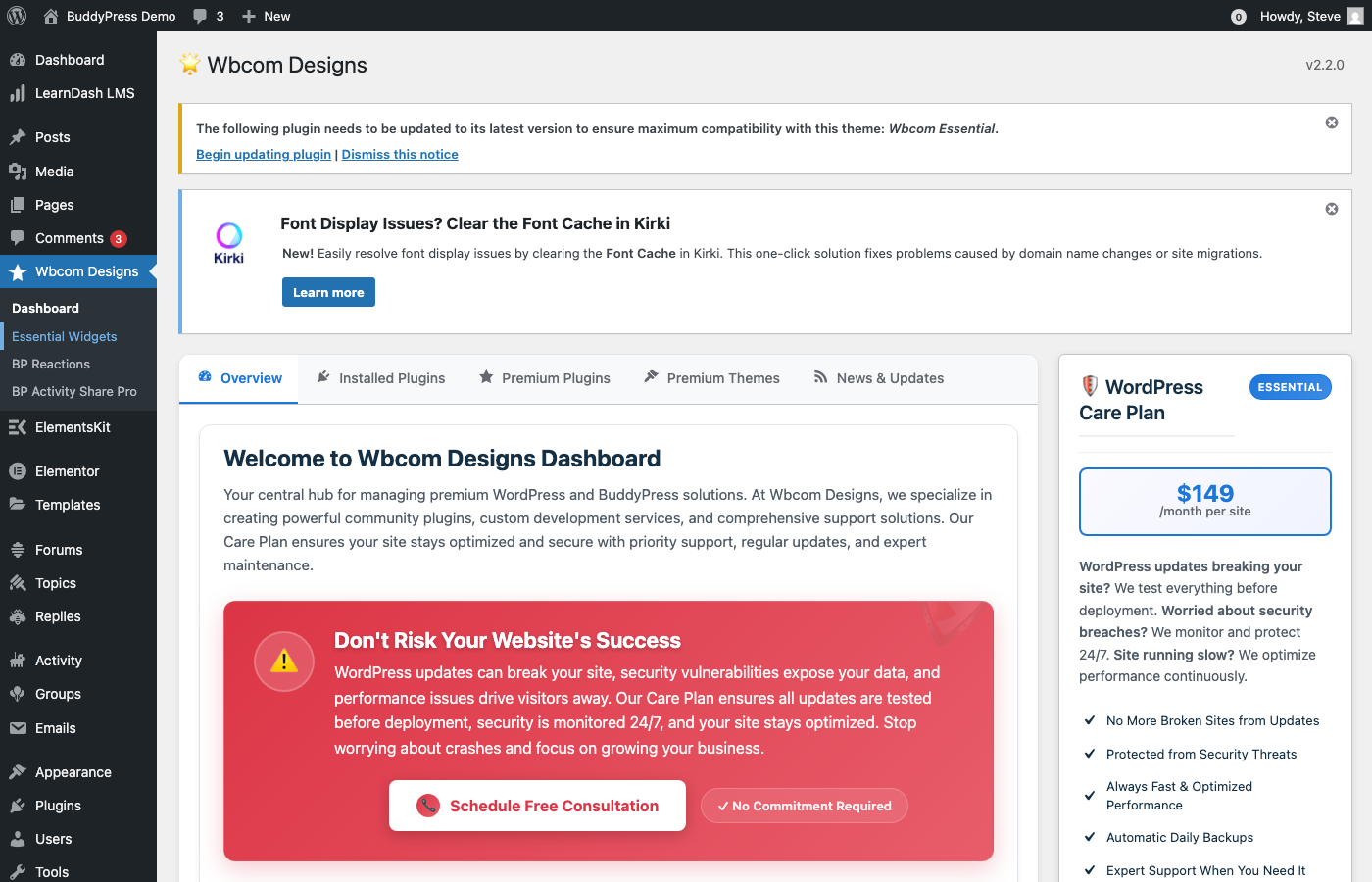 Wbcom Designs plugin dashboard in WordPress admin showing plugin management, premium themes, and WordPress Care Plan options